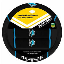 Load image into Gallery viewer, NRL Steering Wheel Cover/Seat Belt Cover Set - Cronulla Sharks ACNRLSHAACC