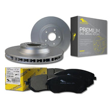 Load image into Gallery viewer, Brake rotors, brake pads, and their packaging on a white background
