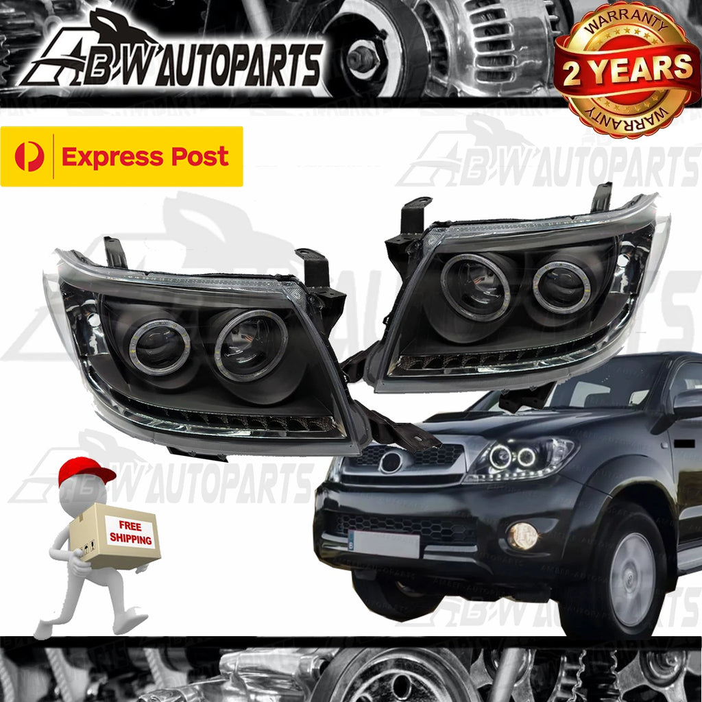 SET Headlights For Toyota Hilux N70 7/2011-2015 Black HALO Angel Eyes Projector