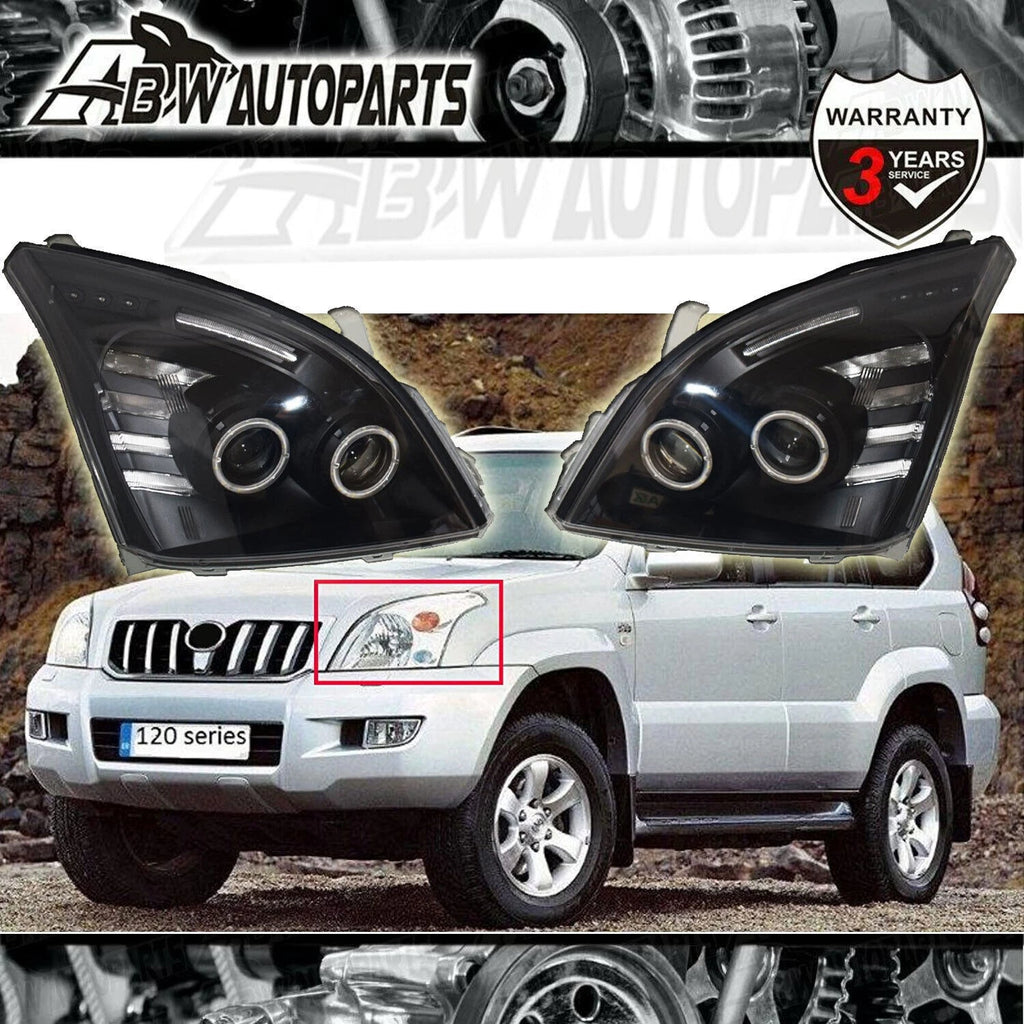For Toyota Prado 120 Series 02-09 LED Headlights Pair Front Lamp Angel Eye Black