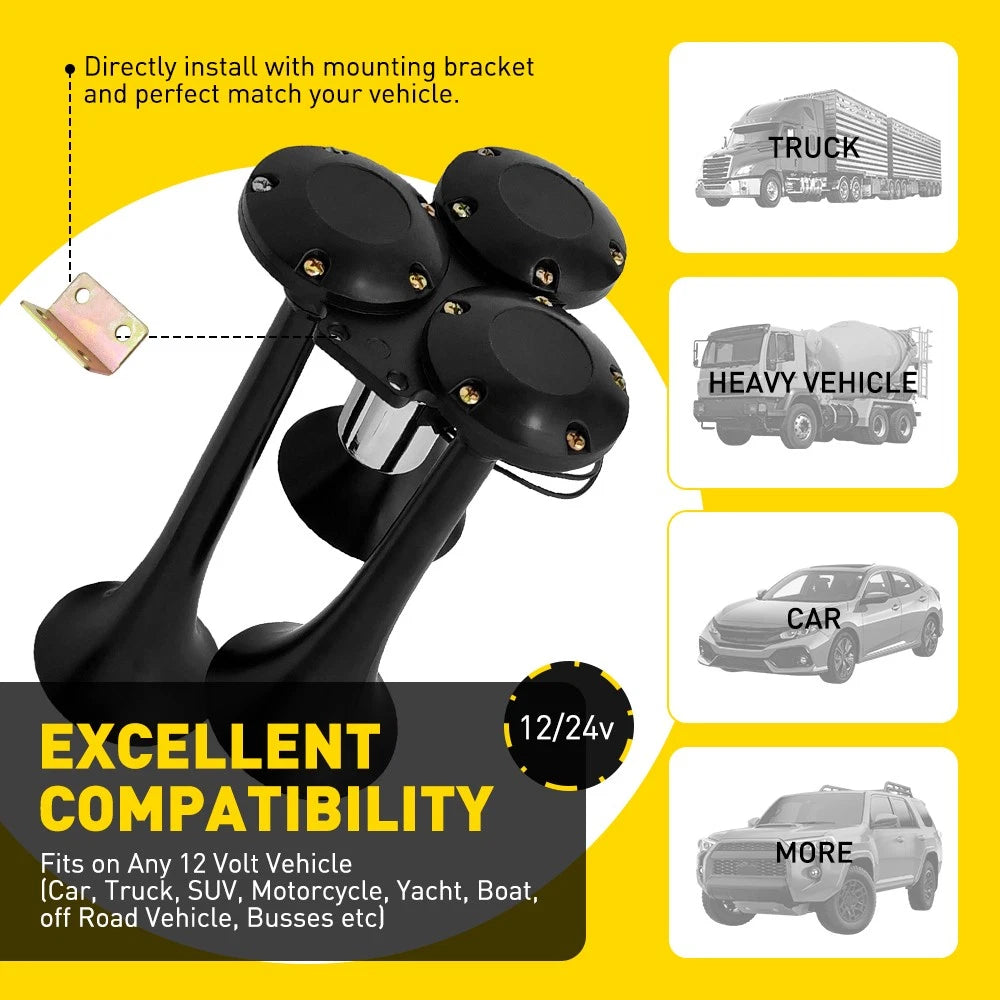 600DB Horns Train Air Horn 3 Trumpets For Truck/Car/SUV Loud Sound 12/24V Black