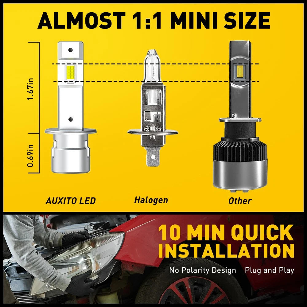 2PCS AUXITO H1 LED Headlight Globes Bulb Kit High/Low Beam 22000LM 6500K White