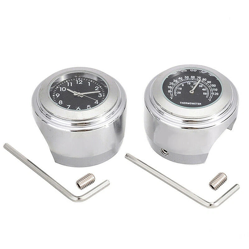 2 IN 1 Motorcycle Chrom Handlebar Clock & Thermometer Gauge For 7/8" to 1"ST