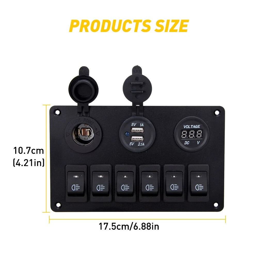 6 Gang 12V 24V Switch Panel ON OFF Toggle LED Rocker 2 USB Car Marine Boat RV