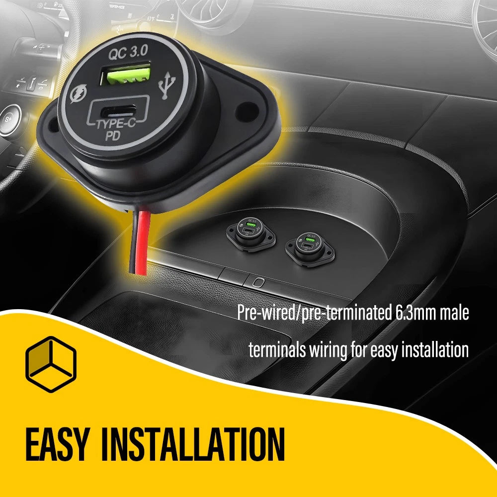 QC3.0 USB + Type C Port Car Fast Charger Socket Power Outlet Surface Mount Panel