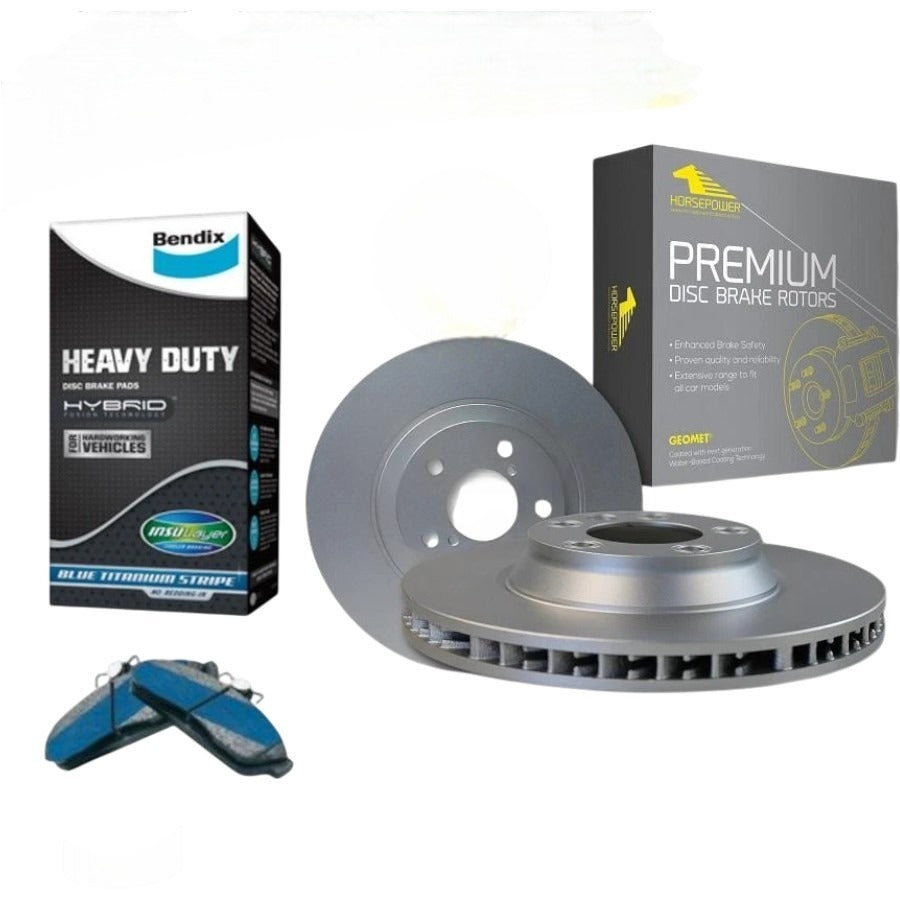 Full set of car brake components including Bendix Heavy Duty brake pads and Horsepower premium disc brake rotors.