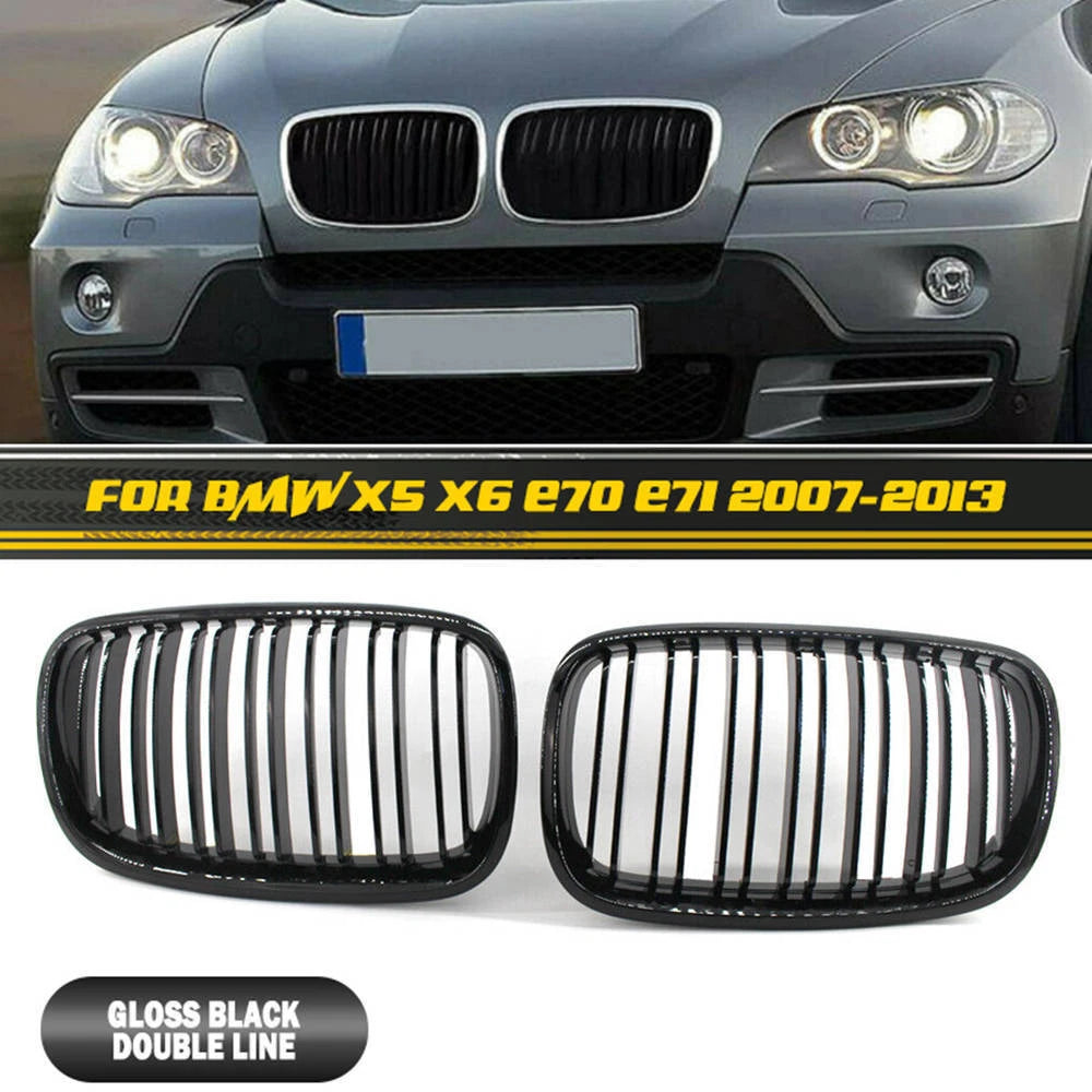 For BMW X5 X6 E70 E71 07-13 Front Grille Grill Kidney Cover Vent Gloss Black ST
