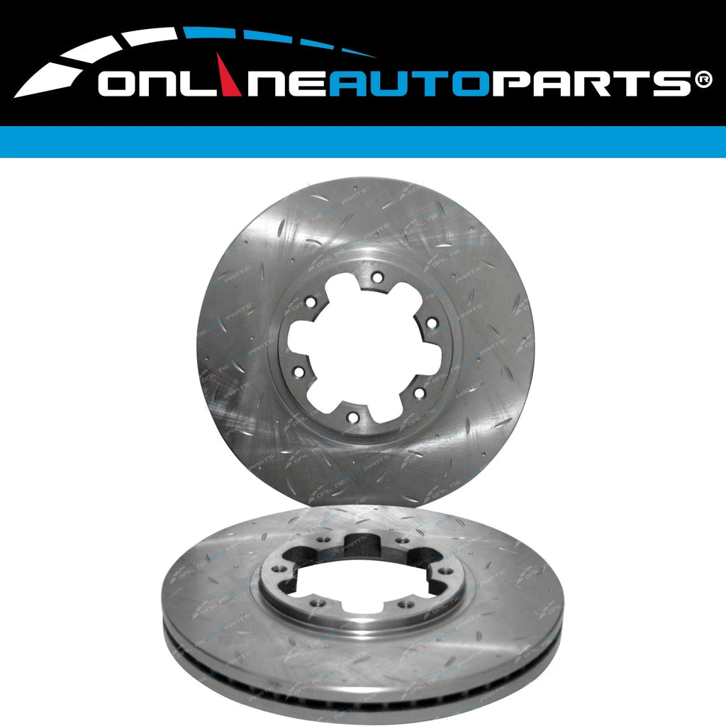 2 Front Dimple Drilled Slotted Disc Brake Rotors + Pads for Navara D22 4X4