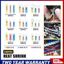 Load image into Gallery viewer, 540pc Heat Shrink Butt Wire Connectors Waterproof Crimp Ring Splice Terminal