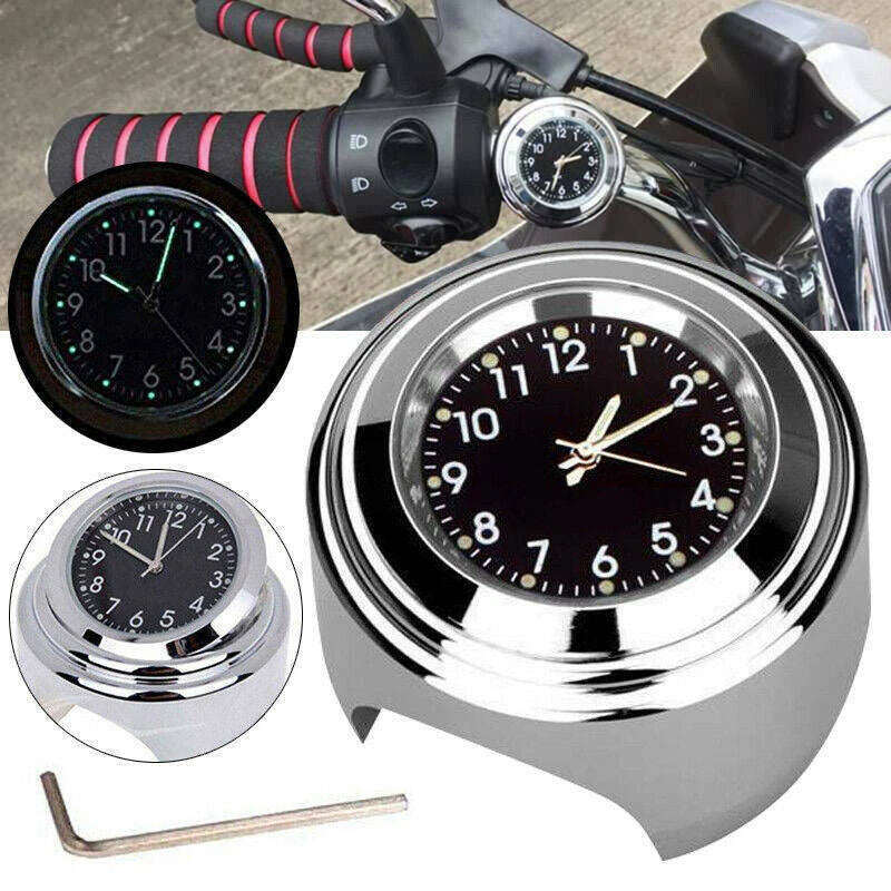 Motorcycle Bike Chrome Waterproof Dial Handlebar Clock Glow Watch For 7/8" to 1"