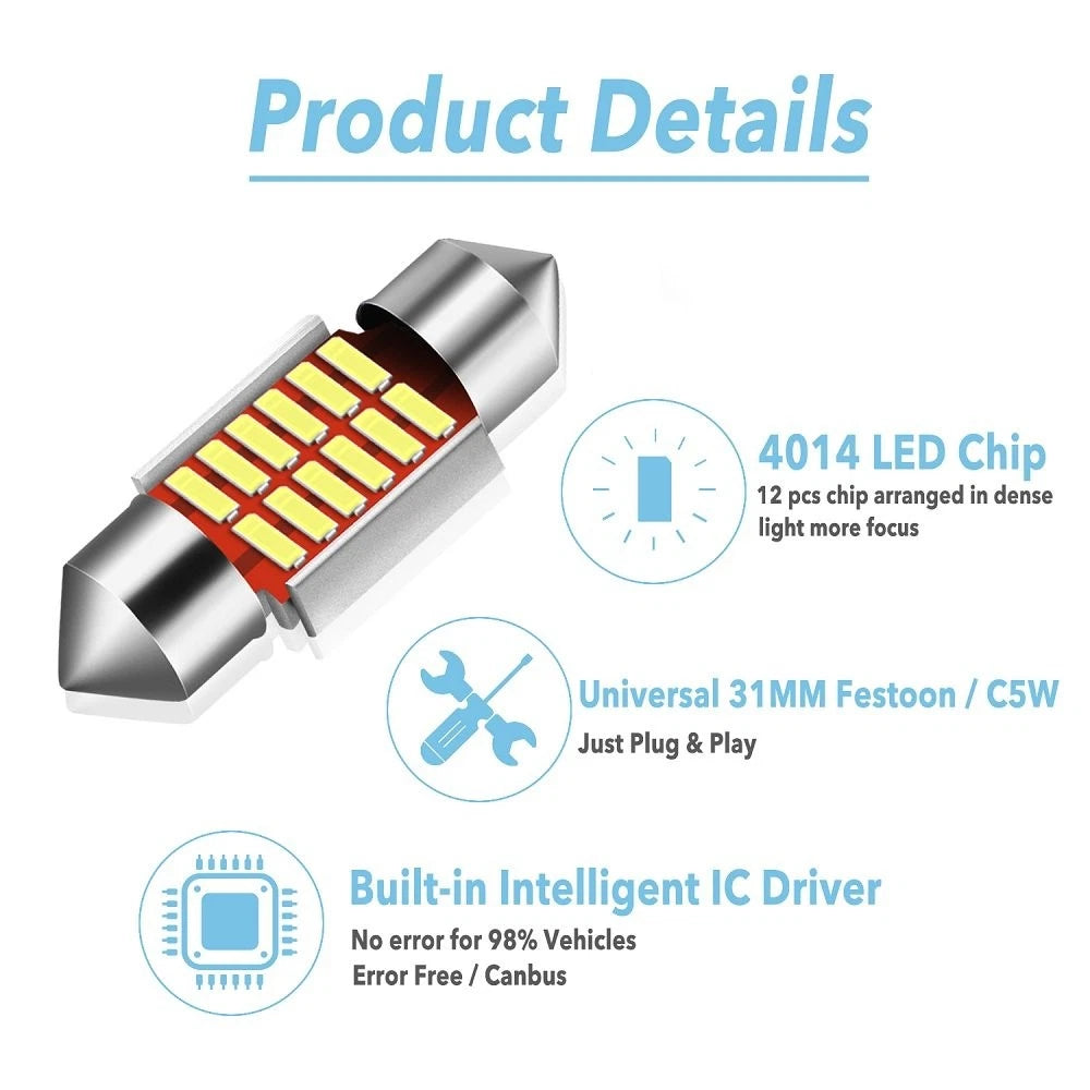 AUXITO 2x 31MM 12SMD LED Car Interior License Plate Map Dome Light Bulbs White