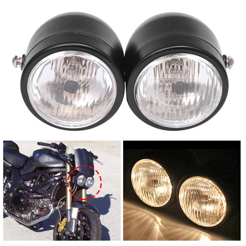 Universal Black Twin Headlight Motorcycle Double Dual Lamp Mount Street Fighter