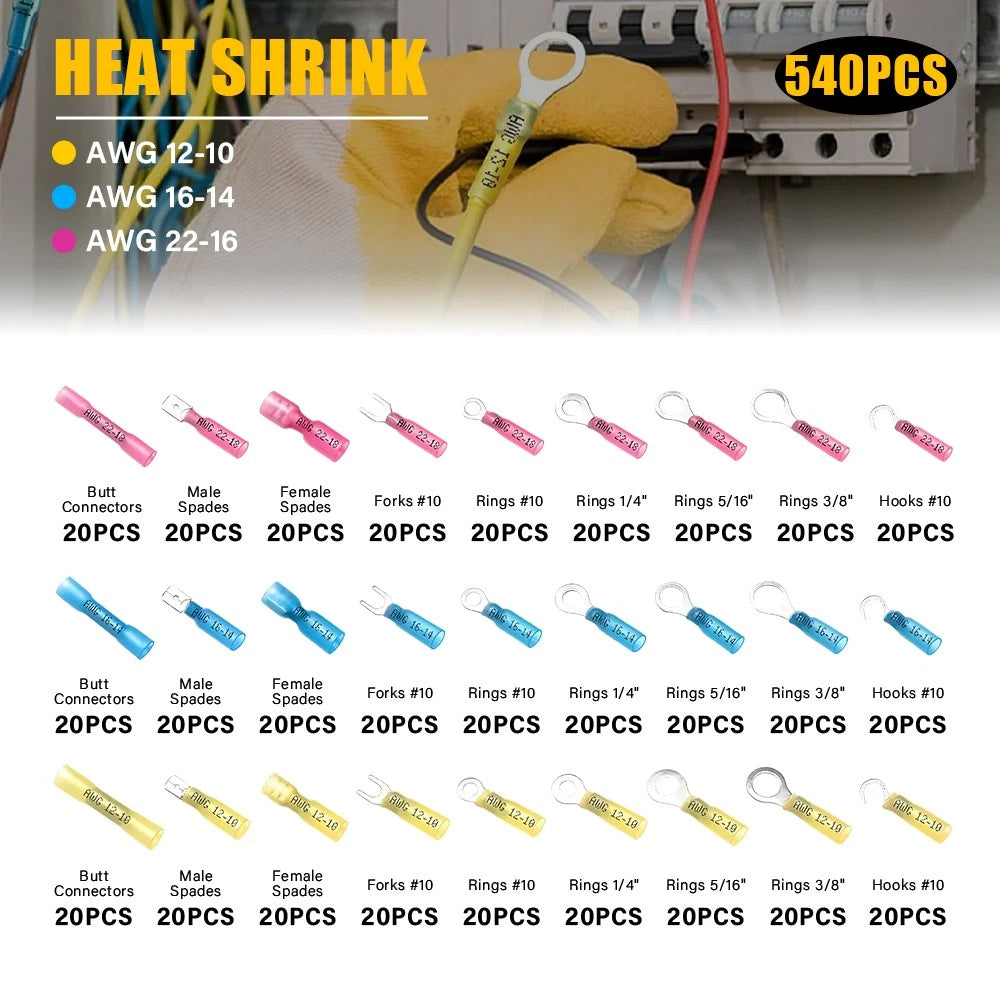 540/250PCS Heat Shrink Butt Wire Connectors Electrical Crimp Marine Terminal Kit