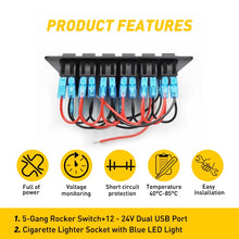 Load image into Gallery viewer, 6 Gang 12V 24V Switch Panel ON OFF Toggle LED Rocker 2 USB Car Marine Boat RV