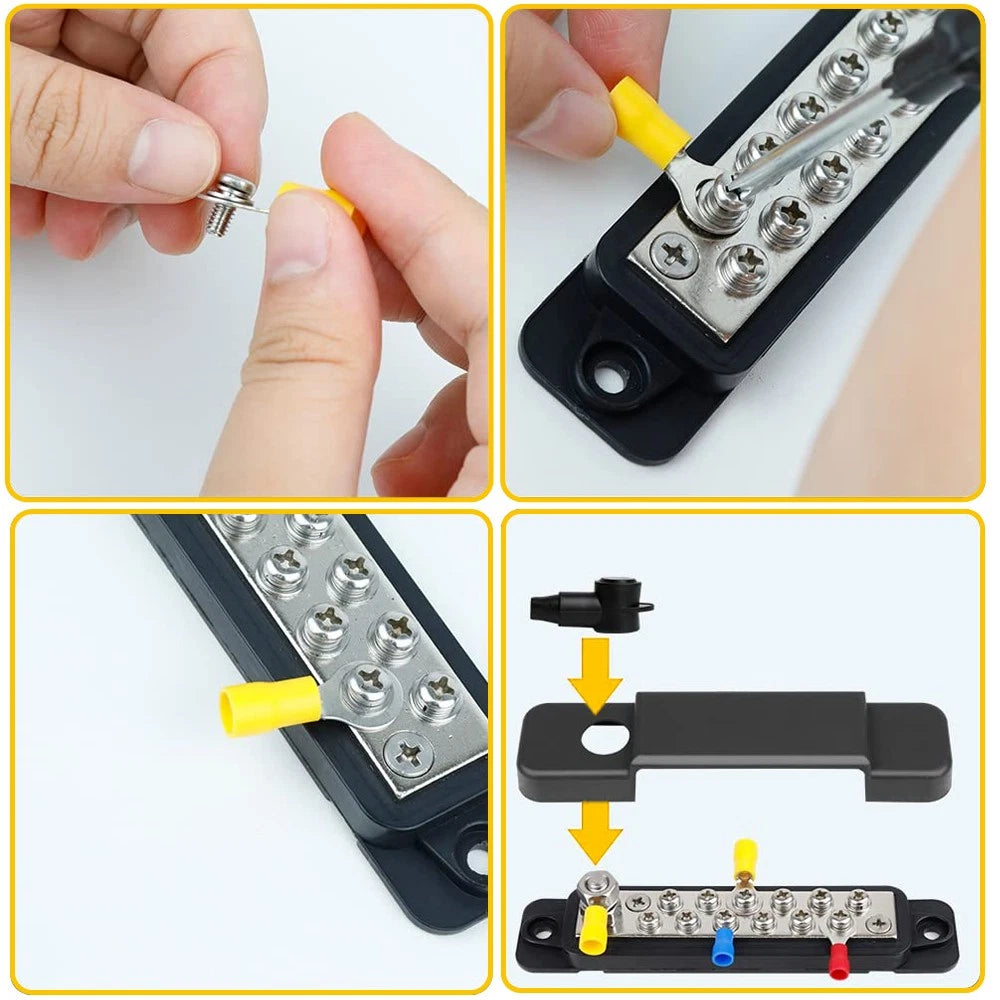 12 Point Busbar Bus Bar Power Distribution Block 12V 180A DC Black & Red Pair