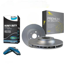 Load image into Gallery viewer, Brake disc, brake pads, and packaging on a white background