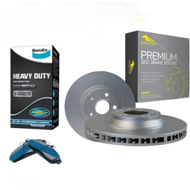 Brake disc, brake pads, and packaging on a white background