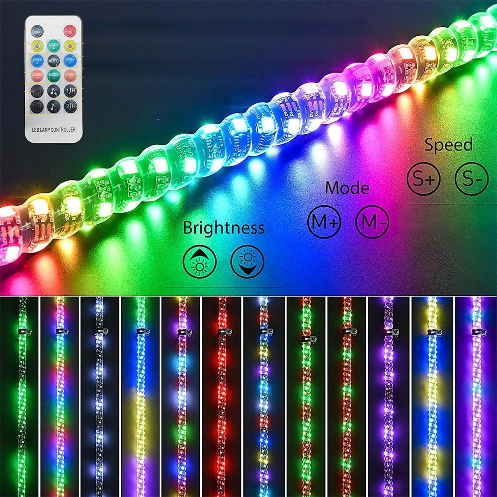 2Pcs For ATV Polaris RZR 3ft Spiral LED Whip Light Antenna APP Remote Bluetooth