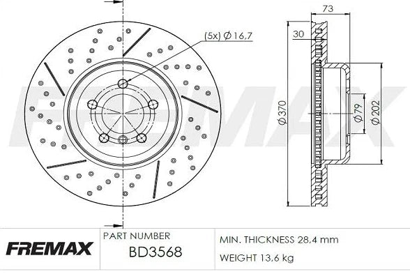 Fremax Front Disc Rotors for BMW 320i F30 F31 GT F34 2.0 2012-2019 X-drilled