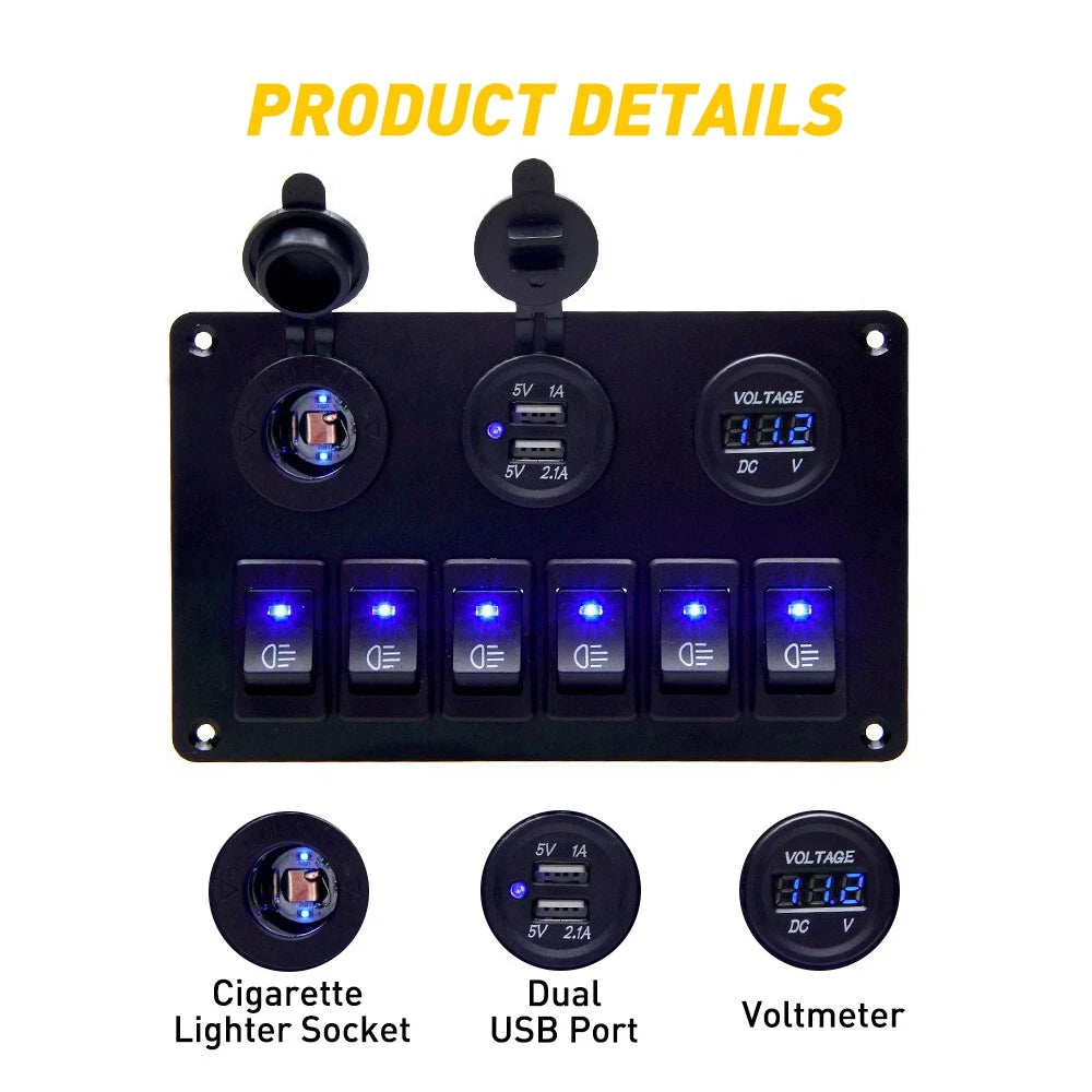 6 Gang Switch 12V Panel LED Rocker Light Circuit Breaker For Car RV Boat Marine