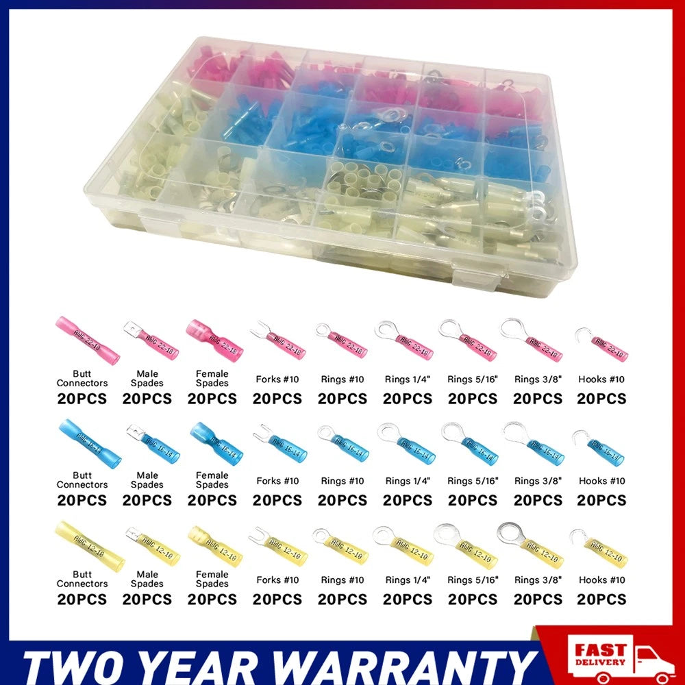 540pcs Universal Heat Shrink Wire Crimp Connectors Terminals Ring Butt Splices A