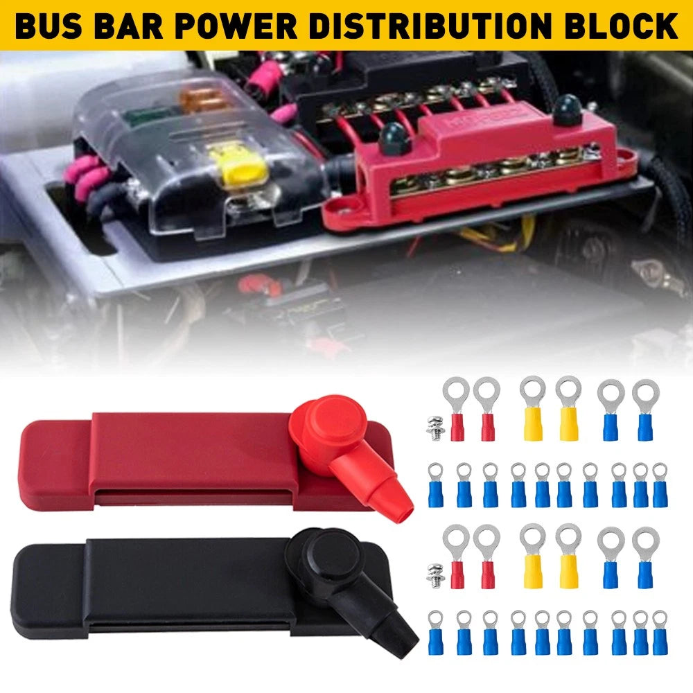 12 Point Busbar Bus Bar Power Distribution Block 12V 180A DC Black & Red Pair