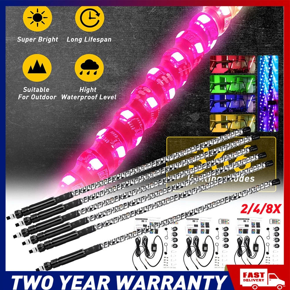 2/4/8x 3ft Spiral LED Whip Light Antenna+APP Remote For Bluetooth Polaris RZR A2