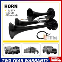 Load image into Gallery viewer, 600DB Horns Train Air Horn 3 Trumpets For Truck/Car/SUV Loud Sound 12/24V Black