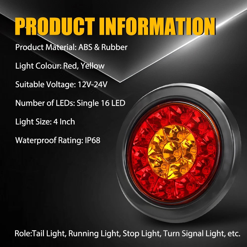 4x 4 Inch Round 12V Reverse Brake Turn Signal 16LED Truck Tail Lights Amber Red