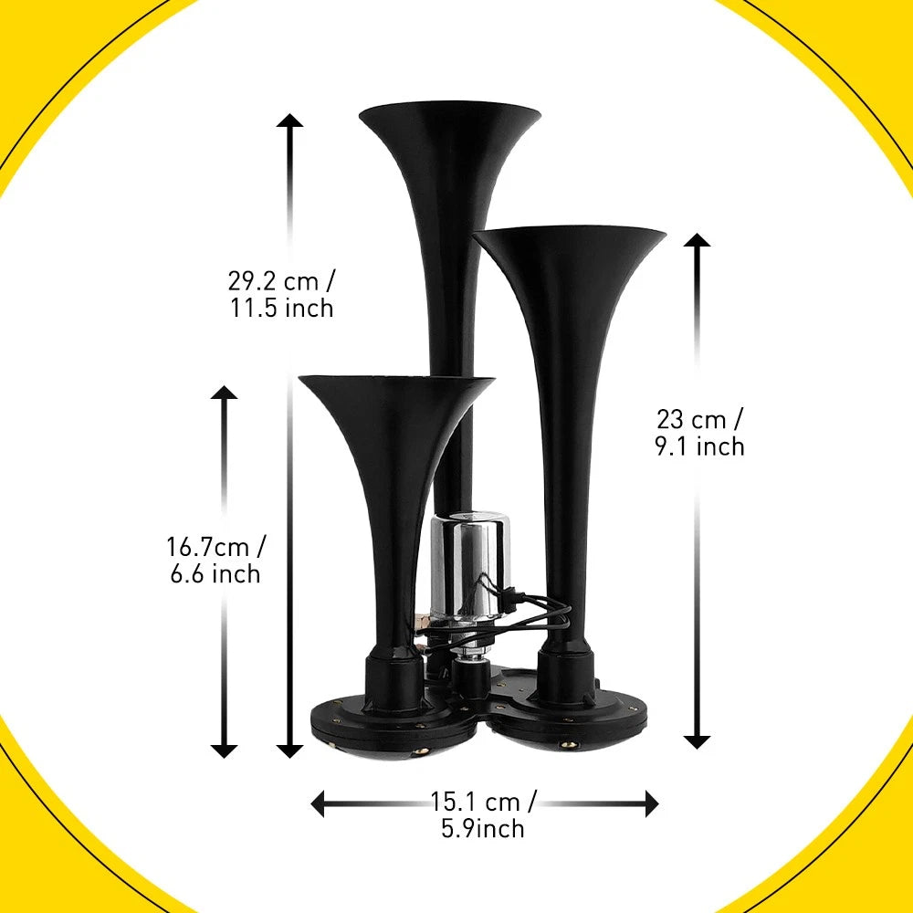 600DB Horns Train Air Horn 3 Trumpets For Truck/Car/SUV Loud Sound 12/24V Black