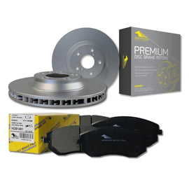 Brake rotors, brake pads, and their packaging on a white background