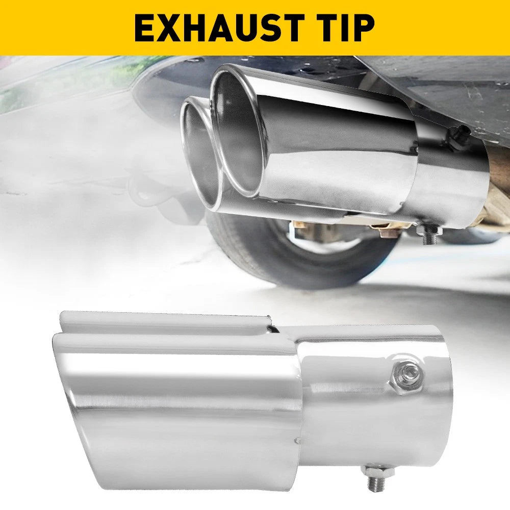 Chrome Twin Outlet Car Exhaust Muffler Tip Tail Throat for 1 1.4" to 2.5" Pipe