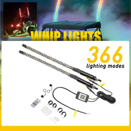 Pair 3ft bluetooth RGB Spiral LED Whip Lights +Remote For ATV UTV Motorcycle