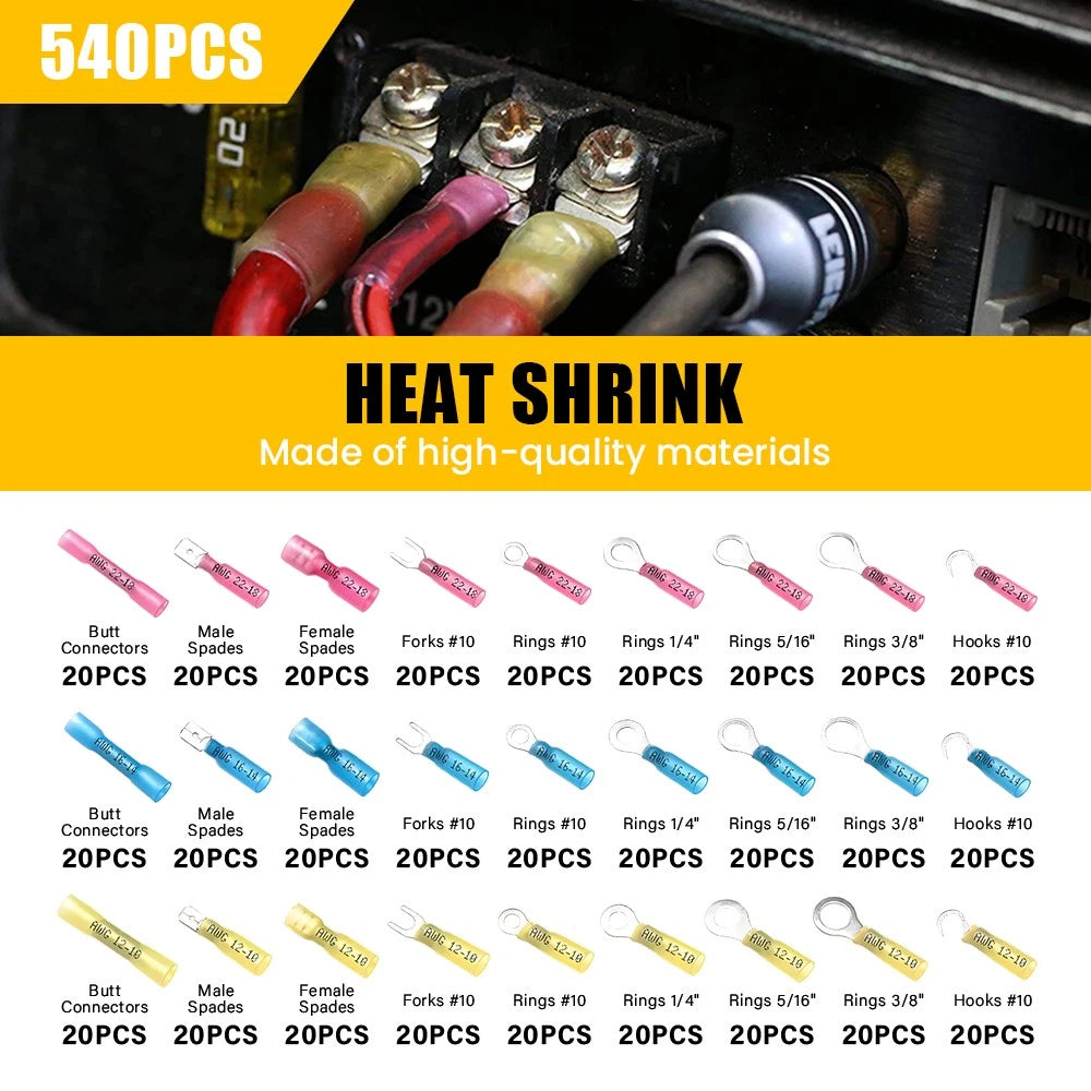 540PCS Heat Shrink Butt Wire Connectors Electrical Crimp Marine 10 12 14 16 AWG
