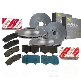 Collection of brake rotors, brake pads, and brake shoe with branded boxes on a white background