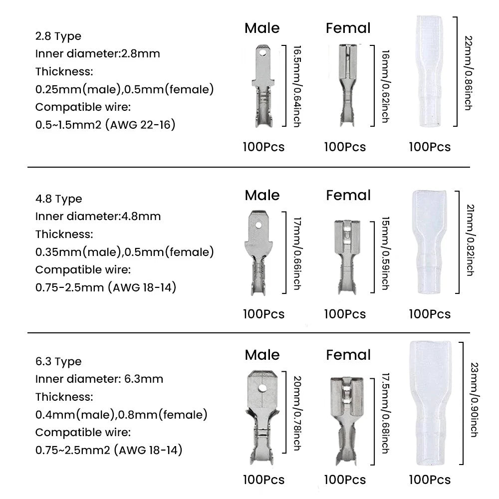 1800PCS Assorted Insulated Electrical Wire Terminal Crimp Connectors Spade