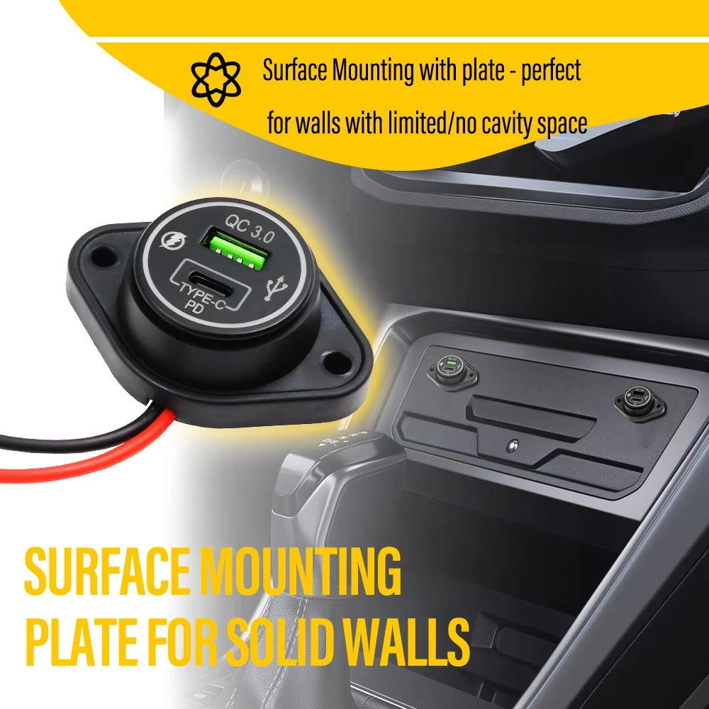 12-24v TYPE C + QC 3.0A USB LED Surface Mount Panel 12v Outlet Power Socket 12v