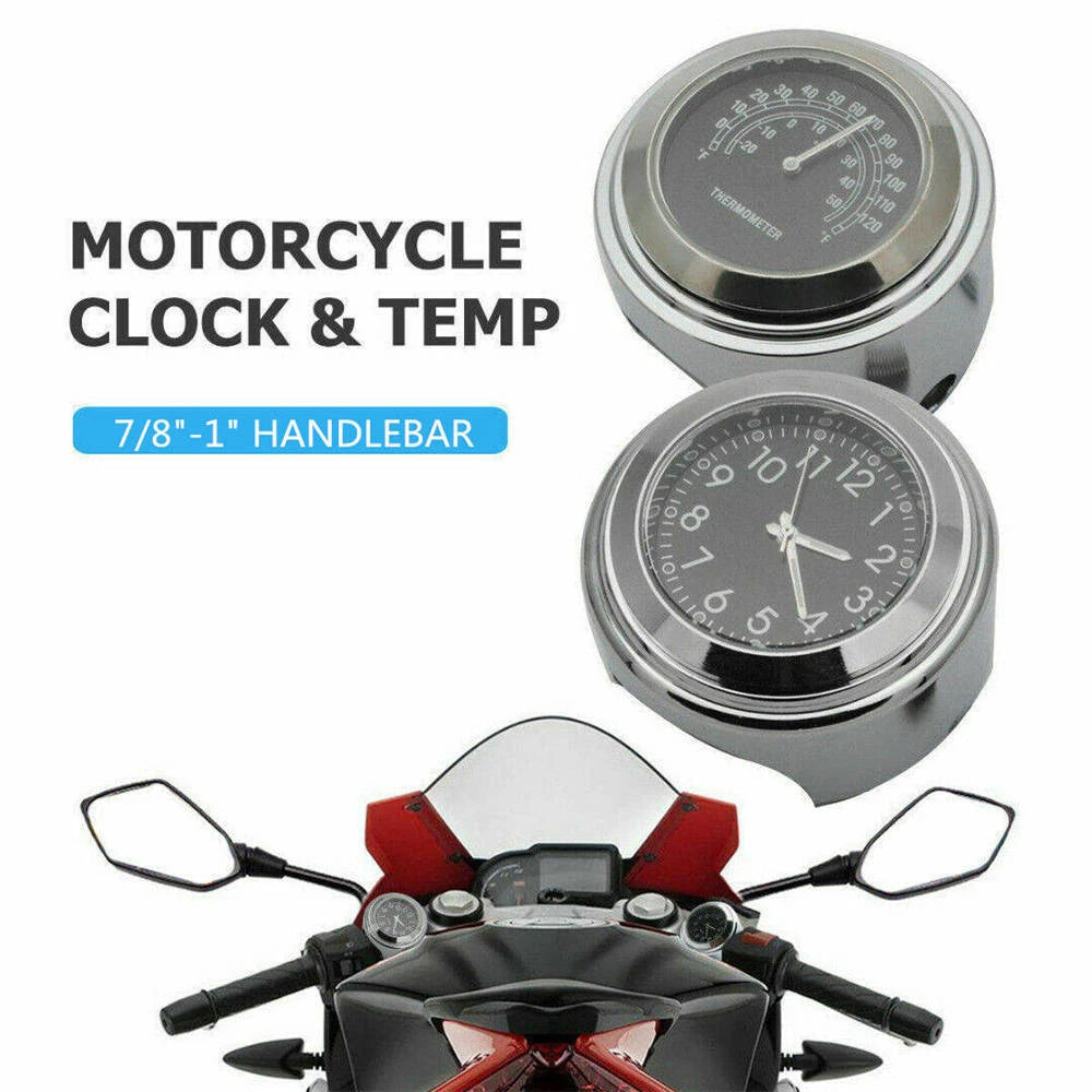 2 IN 1 Motorcycle Chrom Handlebar Clock & Thermometer Gauge For 7/8" to 1"ST
