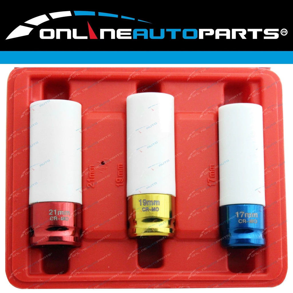 3pce Alloy Wheel Deep Impact Nut Socket Set 17mm 19mm 21mm 1/2" Nylon Sleeve