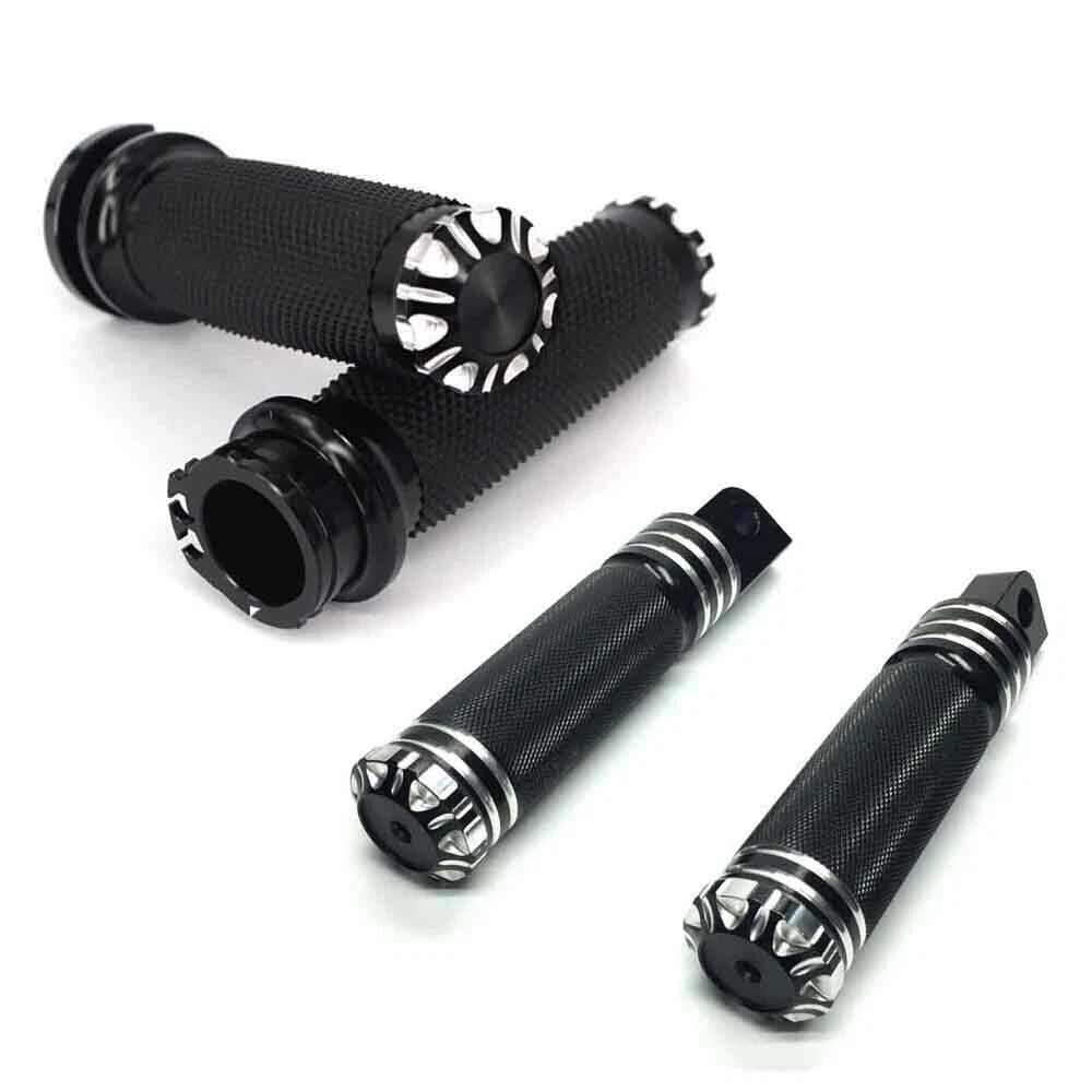 Black CNC 1" Motorcycle Handlebar Grips + Foot Pegs for Harley Sportster Dyna ST