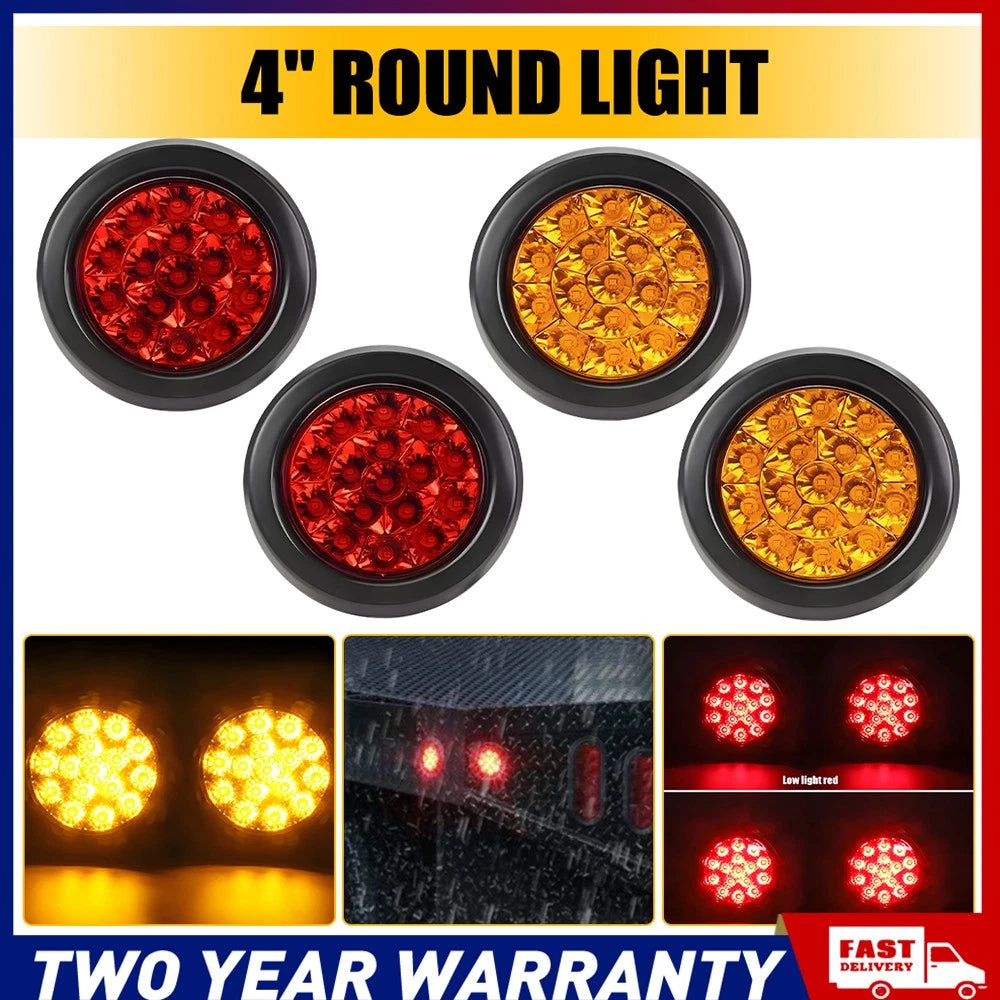 4X Round Red Amber Indicator LED Tail Trailer Lights Ute Caravan Truck Stop 30V
