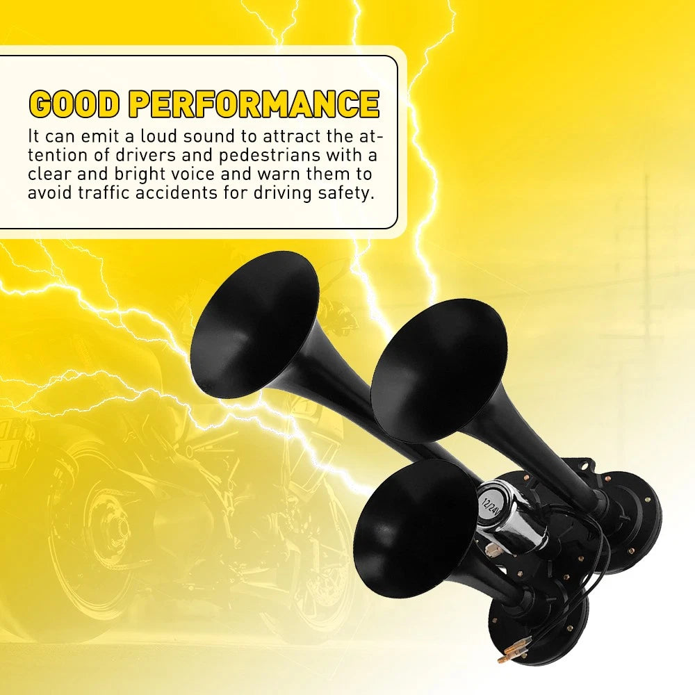 600DB Horns Train Air Horn 3 Trumpets For Truck/Car/SUV Loud Sound 12/24V Black