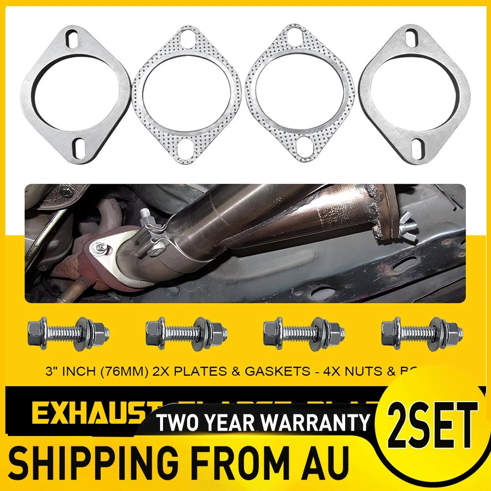 2SET Exhaust Flange Plates 76mm 3” Inch With 4 Gaskets 8mm + 8X Nuts Bolts