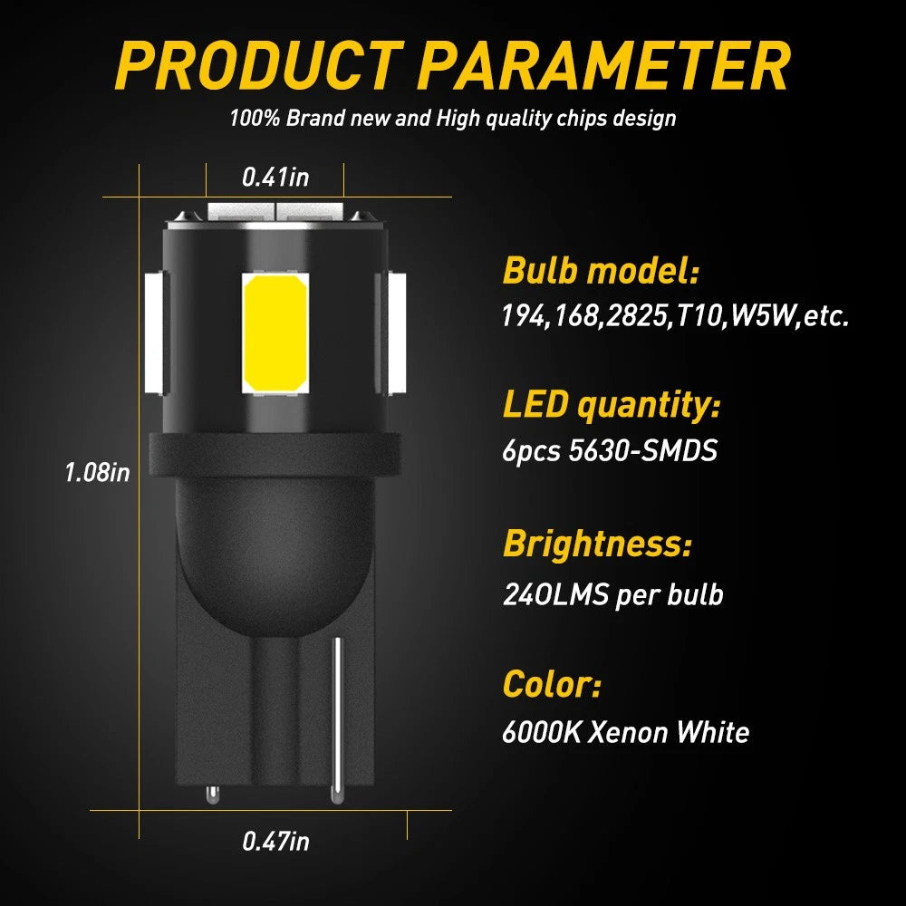 T10 Car Bulb Canbus W5W 194 White 168 Warm Side Globes Light LED Bulbs 12V A
