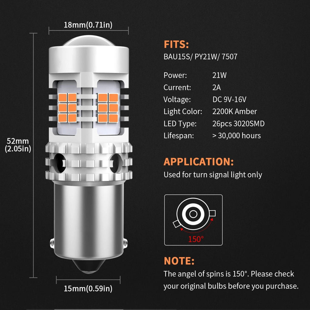 2X AUXITO LED PY21W BAU15s BRIGHT Bulbs Globe AMBER for Turn Indicator Signal
