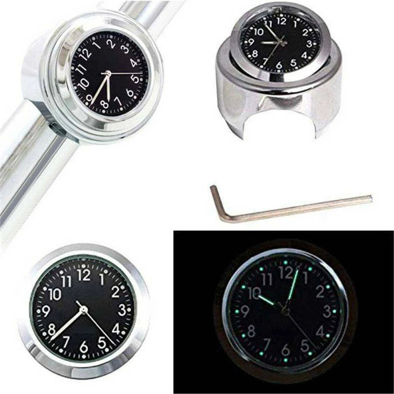 Motorcycle Bike Chrome Waterproof Dial Handlebar Clock Glow Watch For 7/8" to 1"